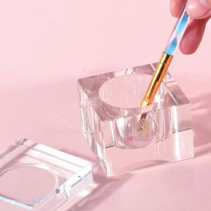 Traitements 1pc Square Crystal Glass Dappen Dish Washing Brush Conteneur avec couvercle en poudre en acrylique pour Nail Art Salon Manucure Tool