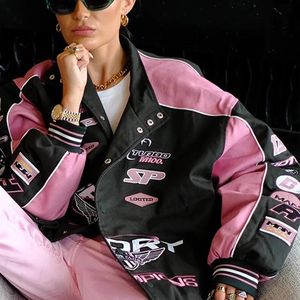 Trench Béisbol Chaqueta rosa Varsity Y2K Streetwear Invierno Mujer Ropa Long Racer Patchwork Chaquetas Letterman Abrigos 240103