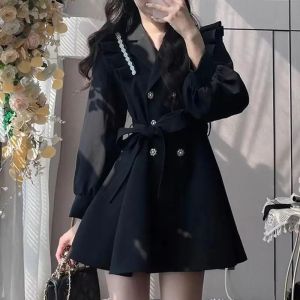 Gabardina Gabardina Mujer Estilo Princesa Celebridad Abrigo Negro De Longitud Media Primavera Nuevo Cuello De Traje Con Volantes Abrigo Cortavientos De Industria Pesada