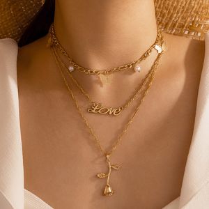 Trendy Butterfly Love Pendant Necklace for Women Lucury Pearl Stone Roseflowers Multi-layer Gold Color Jewelry