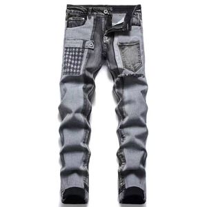 Trendy high street mens jeans pantalones diseñador de moda jeans agujero azul lavado casual fit pierna recta pantalón juvenil remache estampado parche negro jean bordado niños kecks