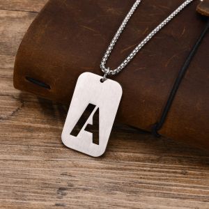 Trendy initialenketting voor heren, jongens, waterdichte 14K witgouden vierkante dogtag-hanger met holle letter A-Z-kraag