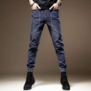 Pantalones vaqueros de moda para hombre, pantalones casuales de moda con correa de gama alta y estampado azul, nuevo estilo de otoño