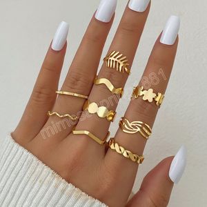 Conjunto de anillos de moda para mujeres y hombres, anillo de dedo geométrico Circular con flores y hojas de Color dorado, regalo de joyería de moda Pop a la cadera