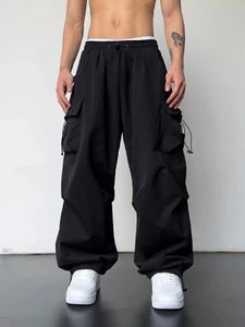 Trendy Y2K Pantalones de carga sólidos para hombres Pantalones múltiples de bolsillo de bolsillo múltiple