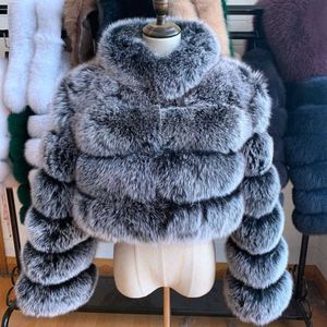 TRODEAM Faux Fox Fur Coat Faux Conejo Piel Fluffy Collar 2021 Nuevo Lujo Abrigo cálido para mujer Invierno Grueso Ropa de manga larga Y0829