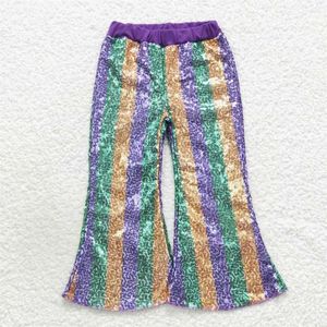 Pantalons en gros enfants rayures vêtements bébé fille vraies paillettes doux confortable enfants cloche bas pantalon Mardi Gras vêtements