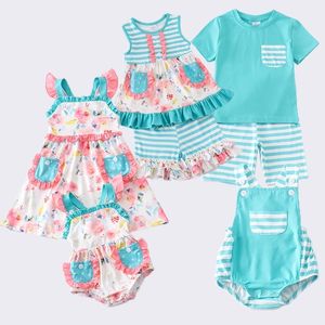 T-shirts Girlymax Summer Brother Stripe Baby Girls Dress Boys Floral s Set Ruffles Romper Vêtements pour enfants 230519