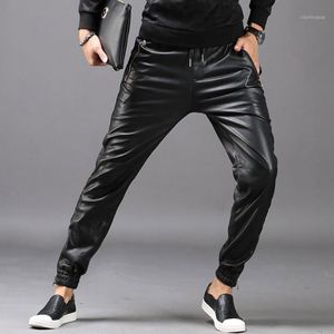 Pantalon homme TSINGYI Moto Biker Faux cuir hommes Joggers sarouel taille élastique poches zippées noir Streetwear coupe cintrée vêtements1