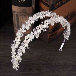 Tuanming White Pearl Crystal Bridal Hairbands Tiaras Corona de boda Diadema para accesorios de joyería de novia Desgaste 210707