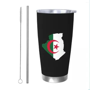 Vasos Argelia Mapa Bandera Cara Vaso aislado con tapa de pajitas Taza térmica de acero inoxidable Viaje al aire libre Botella de coche Tazas 20 oz