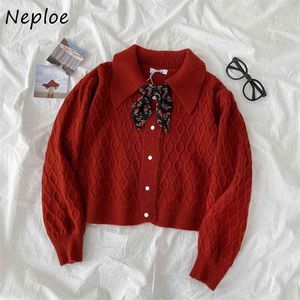 Turn Down Collar Lace Up Bow Design Solid Knit Sweater Cardigans Single Breast manga larga Loose Pull Femme Wild Sueter 210422