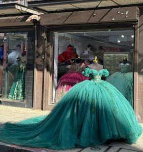 Vestidos de la princesa verde turquesa Green Quinceanera Vestido de baile de graduación Ruchada del hombro Vestido de Quinceanera Apliques de encaje Tulla 15 Masquerada Vestido