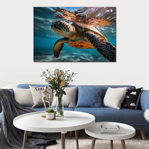 Póster Artístico impreso en lienzo con imagen HD de tortuga nadando en el mar para decoración para las paredes del salón