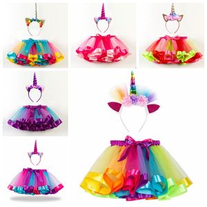 Tutu Skirt Girls Rainbow Pettiskirt Unicorn Headband 2PCS Sets Tulle Tutu Dance Skirts Summer Kids Clothing 11 Designs Optional DHW2295