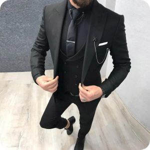 Tuxedos Hechos a medida Groomsmen Peak Lapel Groom Tuxedos Black Men Suits Wedding Best Man 3 piezas Blazer (Chaqueta + pantalones + TIE + Vest) L6