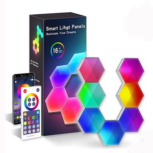 Lámpara cuántica Tuya, aplicación inteligente, WIFI, luz nocturna con dientes azules, Panel hexagonal LED, Control por voz, luz de pared DIY