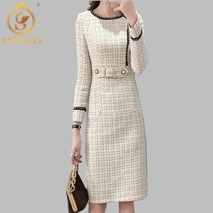 Tweed mujer primavera manga larga Vintage Plaid mujer elegante lana señoras Oficina Vestidos 210520