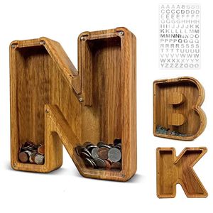 Vingt-six alphabet anglais monnombox monot argent piggy bandoulière en bois lettre d'économie de bureau ornement décor de la maison artisanat pour les enfants 240422