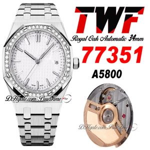 TWF 34 mm 77351 A5800 Reloj automático para mujer 50 aniversario Bisel de diamantes Esfera texturizada blanca Pulsera de acero inoxidable Relojes para mujer Super Edition Puretime D4