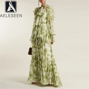 Robe Deux Pièces AELESEEN Piste Mode Femmes Designer Volants Vert Fleur Imprimer Lanterne Manches Cascade Maxi Party Élégant es 221010