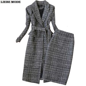 Robe de deux pièces automne hiver femmes costumes d'affaires à carreaux long trench-coat avec jupes au genou costume coréen vêtements de travail formels tenues 230110