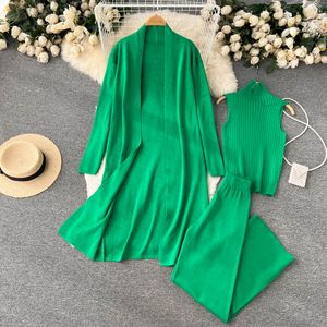 Robe de deux pièces Casual Women Sweater Trois pièces Tenues minimalistes Solid Ribbed Tneil Couchleck Vest Long Cardigan Pantalon Lignet large 2023