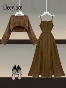 Two Piece Dress Fall Winter Set Outfits Korean Casual Long Sleeve Twist Knitted Short Sweater And Straped High Waist Sets 230411