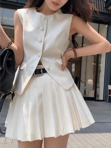 Two Piece Dress Korean Fashion Summer Pleated Skirt 2 Set Women Elegant Sleeveless Button Tops Wide Leg Pants Suits Y2k Casual Outfits 231009