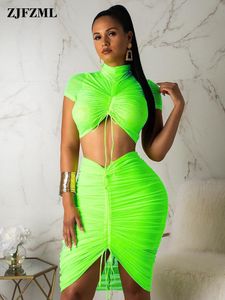 Robe Deux Pièces Néon Vert Jaune Sexy Deux Pièces Ensemble Femmes Col Roulé À Manches Courtes Crop Top Robe Moulante Plissée Survêtement 2 Pièce Club Outfit 230424