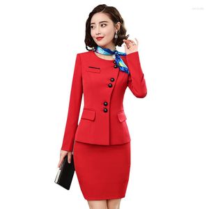 Deux pièces robe nouveauté rouge formelle femmes affaires jupe costumes simple boutonnage professionnel bureau dames blazers et pantalons OL Styles avec