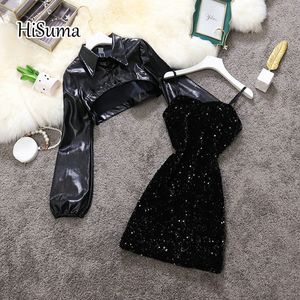 Robe deux pièces printemps femmes col montant manches bouffantes veste en cuir courte sangle sequin jarretelle robe costume femme deux pièces ensemble 221122