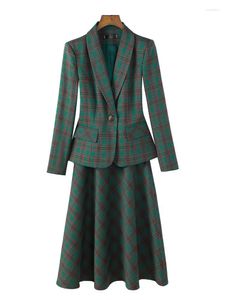 Deux pièces robe femmes formelle jupe costume élégant dames vert café Plaid à manches longues Blazer a-ligne pour les affaires travail WearTwo ensemble