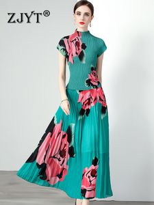 Robe de deux pièces ZJYT été imprimé floral plissé jupe midi ensembles de haut pour les femmes ensembles élégants de robe tenues de fête de vacances 230727