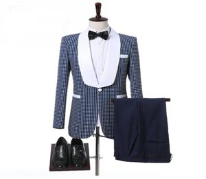 Tuxedos de marié de mariage de grille à deux pièces 2018 Châle blanc Repontement un bouton Classic Fit Custom Makes Men Suits Pantalon Pantalon8832333