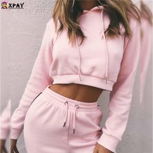 Ensemble de deux pièces femmes tenues sexy pour sexe salon porter pull à capuche court + cordon de serrage pantalon droit automne survêtement vêtements piste pour femmes