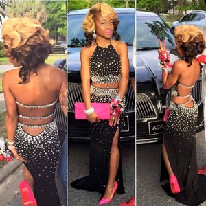 Crystal Black Two Piece African Prom Dress 2K16 Diamond Beaded Graduation Dress Backless High Slit Halter Vestidos de fiesta de noche vestidos