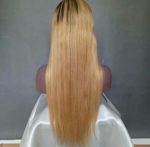 Deux tons couleur 1B 27 longue soyeuse droite cheveux humains avant de lacet perruques pré-cueillies racines noires brésiliennes ombre miel blonde dentelle Fron9711149