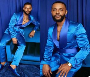 Twopieces Men Suits Silk Satin Tuxedos Summer Party Wear Fit Fashion Blue Business For Man Peaked Lapel Blazer Suit4041398