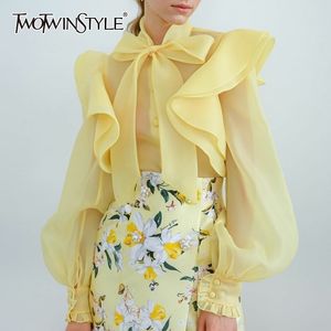 Twotwinstyle Bowknot Shirt for Women Stand Collar Lantern Lantern Long Manche Ruffle Shirts Blouse Femme Summer Fashion Nouveau 201125