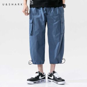 Ushark verano cosechado pantalones hombres calle streetwear pants azul negro khaki llegada casual hombres jogger pantalones harem 100% algodón 210603