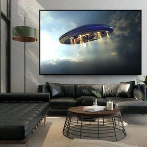 UFO Aliens platillo volador pintura abstracta en lienzo, póster impreso, película de ciencia ficción, imagen artística de pared para decoración del hogar y sala de estar