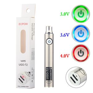 UGO T2 Vape Pens Batterie 650mAh 900mAh Préchauffer les piles rechargeables à tension variable 510 avec 2 cartouches de port de chargeur Emballage