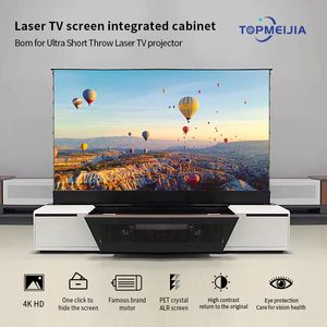 Ultra short throw Laser Projector integrated cabinet with 133 inch PET crystal ALR floor rising projection screen