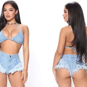 Ultra court Triangle Denim cou suspendu, bord en fourrure fesses surélevées pantalons chauds, short à bretelles bikini discothèque sexy, ensemble de magasin à la mode pour les femmes