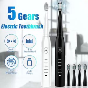 Brosse à dents électrique sonique ultrasonique Brosses à dents rechargeables USB Brosse à dents de blanchiment électronique lavable avec tête de remplacement 4Pcs DHL Free