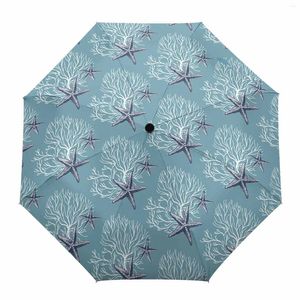 Parapluies corail étoiles de mer bleu parapluie automatique voyage pliage pliant parasol éolien