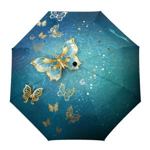 Parapluies Papillon Doré Belle Art Creative Parapluie Pluie Femmes Automatique Trois Parapluies Pliants Coupe-Vent Parasol Parapluie 230727