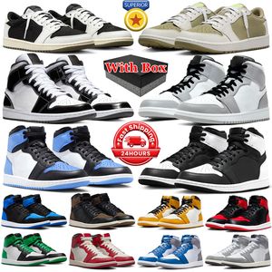 With box 1s jumpman 1 basketball shoes men women Black Phantom Olive Reverse Mocha Yellow Ochre UNC Toe Satin Bred mens trainers sports sneakers