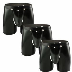 Calzoncillos 3 unids/lote, ropa interior Sexy para hombre, bóxer con bolsa frontal abierta, lencería de cuero PU, calzoncillos bóxer convexos en U, aspecto húmedo de PVC negro